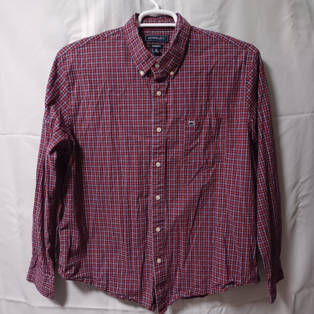Crown & Ivy Button Down Shirt Mens XL Red‎ Plaid Classic Fit Long Sleeve Stretch